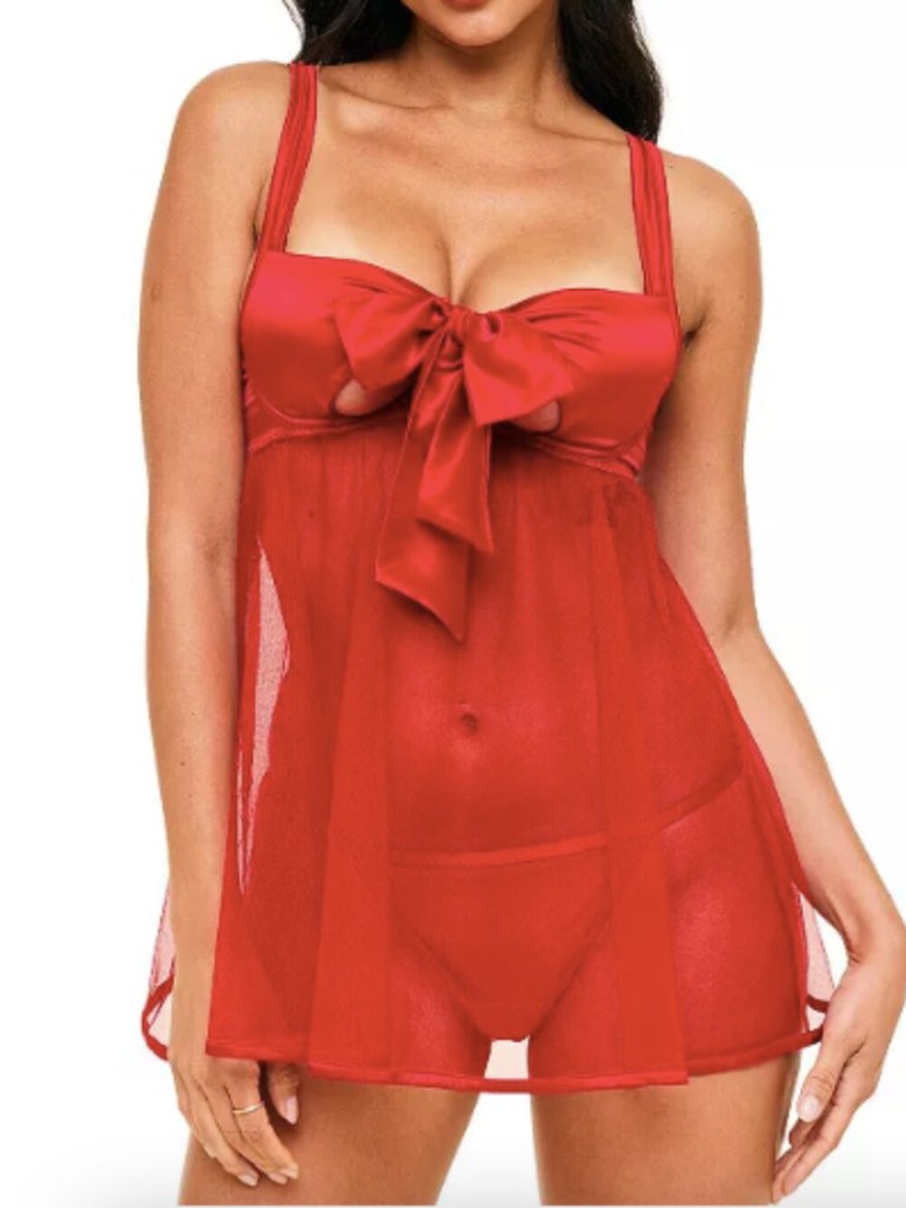Adore Me Red Bow-Front Sheer Babydoll Chemise with Matching Thong